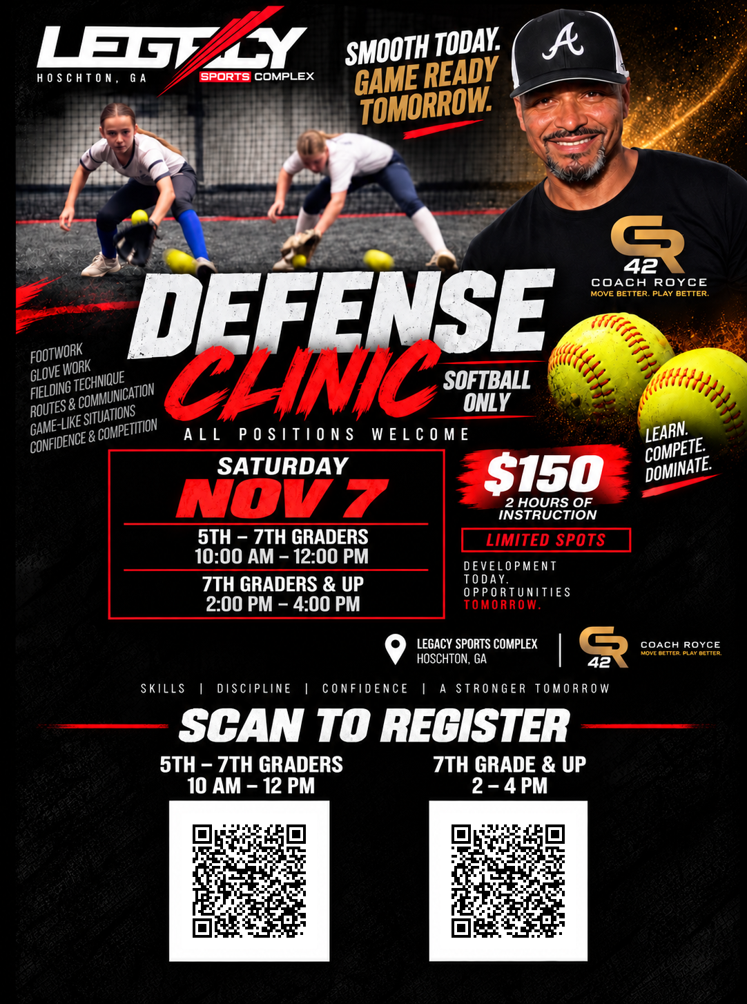 Softball Defense Clinic flyer — Coach Royce at Legacy Sports Complex Hoschton, November 7